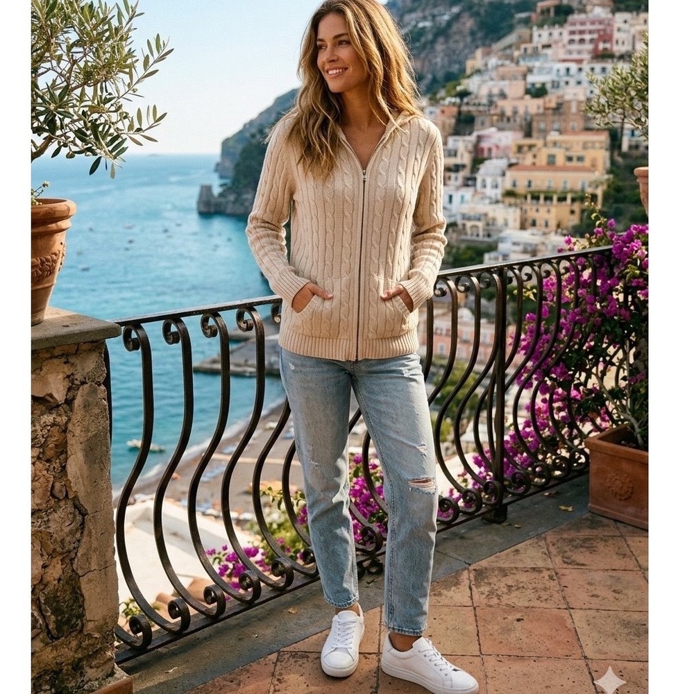 St Johns Bay Womens Cream Cable Knit Full Zip Hoodie Cotton Sweater LT Beige